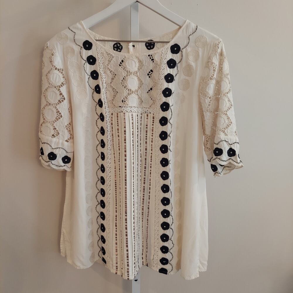 No Tags Anthro Floreat Veille Peasant Top Boho Cream Tunic Blouse Embroidered